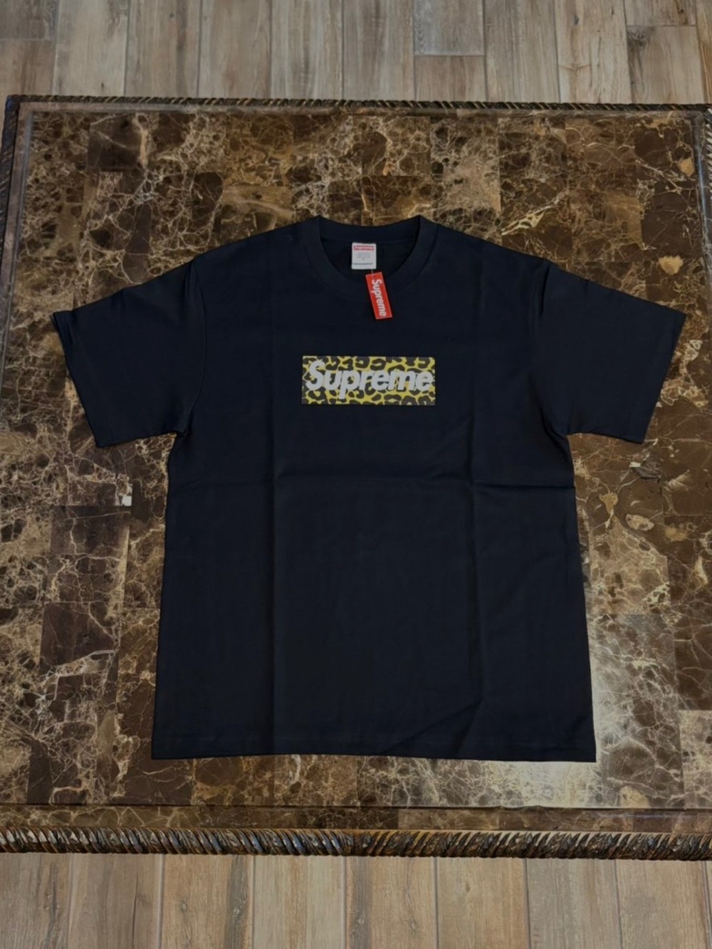 Supreme Black T-Shirt with Leopard Box Logo